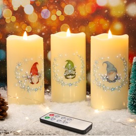 Eywamage Fiber Optic Christmas Flameless Pillar Candles with Remote, Snowflakes Gnomes Flickering LED Battery Candles Set of 3