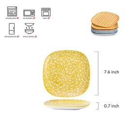 Selamica Porcelain Square Dessert Salad Pasta Plates 7.6 inches ceramic plates set of 6 microwave/dishwasher/oven safe, Assorted Colors