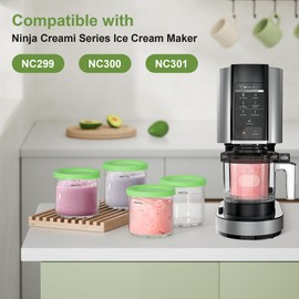 4 Pack Creami Pint Containers and Lids for Ninja with 4 spoons and writable labels, Compatible with Ninja NC299 NC300 NC301 Series Creami Maker Machine Accessories, BPA Free & Dishwasher Safe, Green