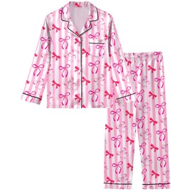Sylfairy Girls Pajamas Silk PJS Set Pink Bow Satin Sleepwear Long Sleeve Jammies for Kids Button-Down Nightwear Loungewear Clothes 7-8 Years Pink Strip Butterfly