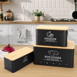 Dekosilave Kitchen Vegetable Storage Set of 3, Metal Onion Garlic Potato Storage Set, Kitchen Canisters Vegetable Keeper Containers with Aerating Holes and Wooden Lid (Black)