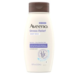 Aveeno Stress Relief Body Wash with Nourishing Oat & Lavender Scent for Sensitive Skin, Gently Cleanses & Helps You Feel Calm & Relaxed in the Shower, Soap-Free, 18 fl. oz