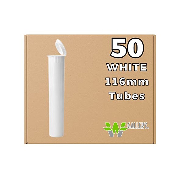 W Gallery 50 White 116mm Tubes, Pop Top Joint is Open, Smell-Proof Pre-Roll Blunt J Oil-Cartridge BPA-Free Plastic Container Holder Vial fits RAW Cones 110mm 109mm King Lean 98 Special, 120mm