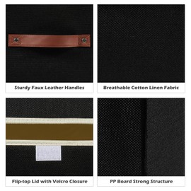 VinneGenzz 2PCS Storage Boxes with Lid Cotton Linen Fabric Storage Bins Organizer Container Decorative Collapsible Washable Shelf Closet Baskets Faux Leather Handles Home Bedroom (Black, Small Size)