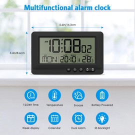 Olipiter Travel Alarm Clock Battery Operated, Digital Alarm Clock for Bedrooms with 2 Alarms, Calender, 12/24H, 5-Minute Snooze, 5-Second Backlight, Low Battery Alert (Batteries Not Included)