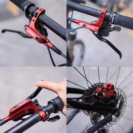 ThinkTop Bike 4 Piston Hydraulic Disc Brake, CNC Machining MTB Bicycle Oil Pressure 4 Piston Driving Brake Caliper, Left (Front) 800/Right (Rear) 1400mm (Red)