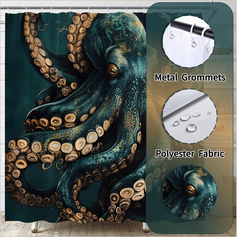 Octopus Shower Curtain Nautical Underwater Ocean Coastal Animals Adventure Wildlife