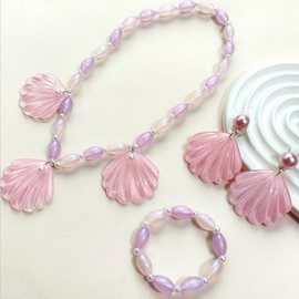 TOFBS Jewellery Set Pink Shell Pearl Pendant Stretchy Necklace And Bracelet Earrings Set Princess Dress Up Kids Jewellery Sets Gift For Women Kids Girls Christmas Birthday Pink