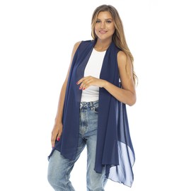 Back From Bali Cárdigan tipo kimono sin mangas para mujer, con frente abierto, ligero, de gasa, bohemio, para cubrir el traje de baño, marino, One Size-X-Large