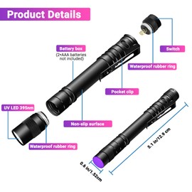 UV Black Light Flashlight Mini, 395nm Pen Light with Clip, Ultraviolet Blacklight for Pet Urine Detection, Waterproof Detector Light for Dry Stains, Bed Bug, Scorpion, Hotel Inspection-2 Pack