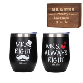 Mr. and Mrs. Right Wine Tumbler Set with Gift Box, Insulated Stainless Steel, 2025 Wedding Presents for Newlyweds, Bridal Shower Gifts, His and Her Gifts Black, 2-Piece