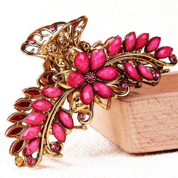 Suoirblss Large Metal Rhinestone Alloy Hair Claw Jaw Clip Retro Flowers Hair Clip Fancy Hair Barrette Clamp for Women and Girls Thick Hair (Rose Red)