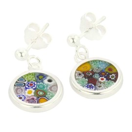 Glass Of Venice Italian Murano Glass Earrings Small Stud Round Multicolor Millefiori Flower In Sterling Silver 3/8 Inch - Murano Glass Earrings For Women