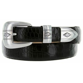 Silver Diamond Italian Calfskin Genuine Leather Dress Belt 1-1/8"(30mm) taper down to 1"(25mm) wide (Alligator Black, 38)