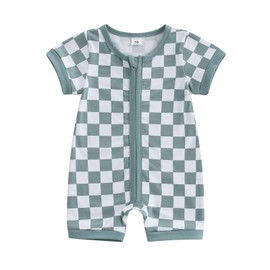 KtwHarnu Newborn Baby Boy Girl Clothes Checkered Plaid Short Sleeve Zipper Romper Jumpsuit One Piece Bodysuit Summer Outfit (C-Blue, 6-12 Months)