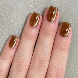 Short Square Press On Nails Glitter Fake Nails Press Ons Glitter Stick On Nails Brown Glossy Reusable Glue On Nails Full Cover Brown Acrylic False Nails For Women Nail Decorations