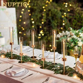 NUPTIO Hurricane Candle Holder for Candlestick: 6 Pcs Gold Taper Candle Holders - Tall Modern Candles Stick Holder with Cylinder Shape Cover for Dinner Table Centerpiece Decor