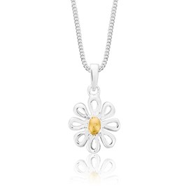DTPsilver - 925 Sterling Silver and Yellow Gold Plated Daisy Flower Necklace Pendant On Adjustable 16" to 18" Curb Chain