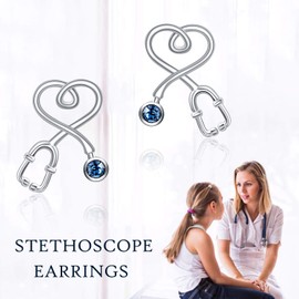 Nurse Earrings Heart Studs Sterling Silver Stethoscope Earrings Simulated Birthstone with Blue Crystal,Fine Jewelry Gifts for Nurse Doctor RN Medical Student