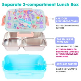 Stainless Steel Bento Lunch Box for Kids, 800ml / 27oz BPA-Free Leak-Proof Food Containers with 3 Compartments, Freezer & Dishwasher Safe, Size for Ages 3-10 Back to School Students Lunches