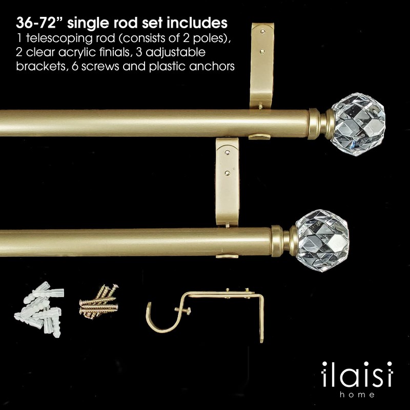 ILAISIHOME Luxury Gold Decorative Single Curtain Rod Set with Crystal-clear