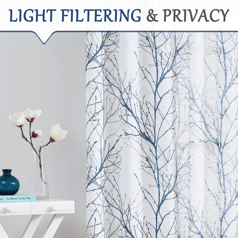 FMFUNCTEX Linen Semi Sheer Curtains for Bedroom, Blue White Curtains