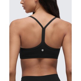 CRZ YOGA Butterluxe Womens Ruched V Neck Sports Bra - Y Back Spaghetti Thin Strap Wireless Padded Yoga Crop Top Black Medium