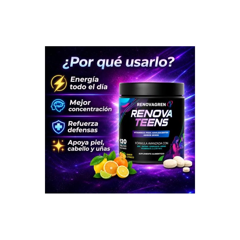 Renovateens Vitaminas Adolescentes Años Esenciales 120 Tabletas Masticables Cítricos Mixtos