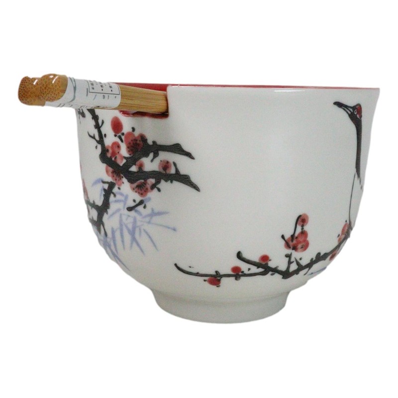 Japanese Crane On Cherry Blossoms Ceramic Donburi Ramen Bowl With