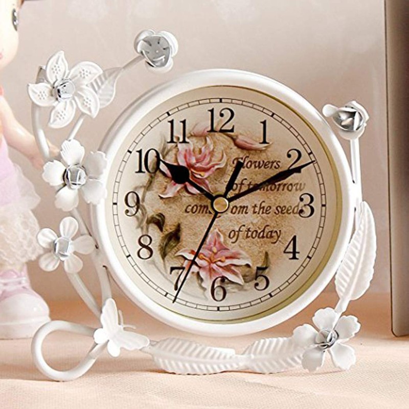 SWEET HOME Small White Table Top Clock Iron Rustic Home
