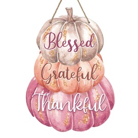 Bolisom Thanksgiving Pink Gold Pumpkin Front Door Sign, Fall Blessed Grateful Thankful Wood Hanger Outdoor Outside Porch Home Decor, Autumn Farmhouse Wooden Wreath Indoor Wall Hanging Decoration