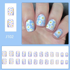 Short Spring Press on Nails Square Fake Nails Matte Light Blue plaid Daisy Flowers Press-on Cute Design Floral Nails with Glue Art Stick on For Women&Girls Daily Wear 24Pcs