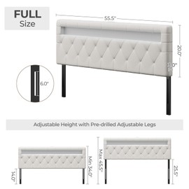 GREENSTELL Headboard for Full Size Bed with 60,000 DIY Color of LED Light, USB & Type C Post, Attach Frame, Height Adjustable, White Leather Wall Mounted Head Boards Only, Sturdy & Stable, Full