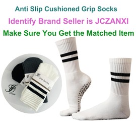 JCZANXI Yoga Socks with Grips for Women, Non Slip Socks for Yoga, Pilates, Barre, Dance | Ideal Cushioned Crew Socks (Stripe White-2PACK)