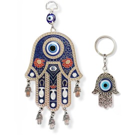 SabelAX Hand Fatima Turkish Eye Wall Hanging Amulet for Home Protection + Hand Fatima Turkish Eye Good Protection Hamsa Keyring (Pendant 2 + Keychain)