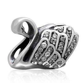 Fairy Swan Charm with Crystal 925 Sterling Silver Animal Bead Pet Charm for DIY Charms Charms Bracelet (B)