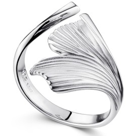 MATERIA by Matthias Wagner Women's Rings Silver 925 Ginkgo Leaf Adjustable in 3 Sizes Rhodium-Plated, Sterling Silver
