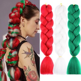 Red Green Jumbo Braiding Hair Extensions for Women, 24 Inch Colored Synthetic Fiber Hair Pre Stretched High Temperature Ombre Braid Hair for Christmas Hair Decoration (Green red white)