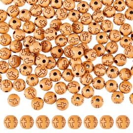 DICOSMETIC 600Pcs Round with Cross Beads Easter Imitation Wood Acrylic Beads 8mm Round Jewelry Beads Small Sandy Brown Religious Spacer Beads for DIY Jewelry Making Crafts, Hole: 2mm