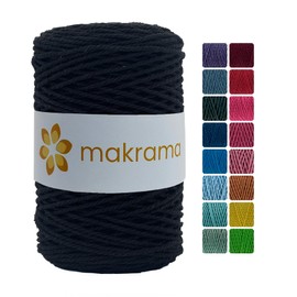 MAKRAMA Cuerda de Algodón 2mm Macramé 200 Metros 500gr Colores (Negro)