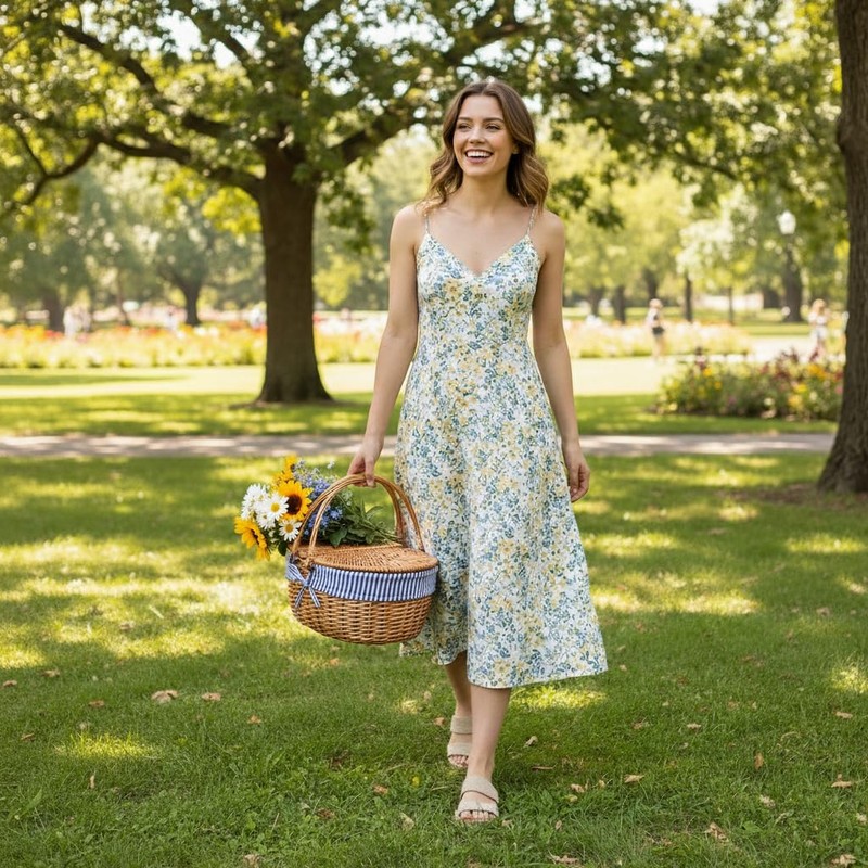 Wicker Picnic Basket with Lid and Handle Sturdy Woven Body