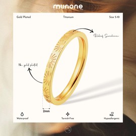 munone 2mm Sunshine Engraved Ring for Women Men,18k Gold Plated Titanium Stacking Rings,You Are My Sunshine Statement Bands