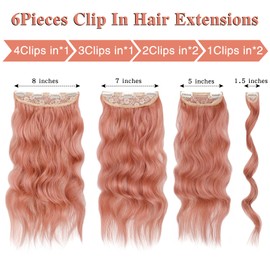 WECAN Clip In Long Wavy Pink Hair Extension 20 Inch 6PCS SyntheticThick Synthetic Hairpieces Fiber Double Weft Hair For Women