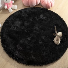 VOFUSHON Bedroom Shaggy Plush Round Rug, Colourful Batik Faux Fluffy Velvet, Modern Interior Rugs, Long Hair Fur Look, Cosy Bed Rug, Sofa Mat, Carpet (Black, 100 x 100 cm)
