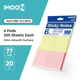 Sticky Notes 3x3 Inch, 6 Pads (100 Sheets Each) – Premium Smooth Adhesive Notes in Pastel Colors – Easy to Stick, Remove & Reposition – Ideal for Office, School, and Home Use (3610)