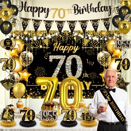 Black Gold 70th Birthday Decorations for Women Men Happy 70th Birthday Triangle Flag Banner Balloons Vintage 1955 Honeycomb Centerpiece Hanging Swirls Sash Decor for 70 Years Old Anniversary Supplies