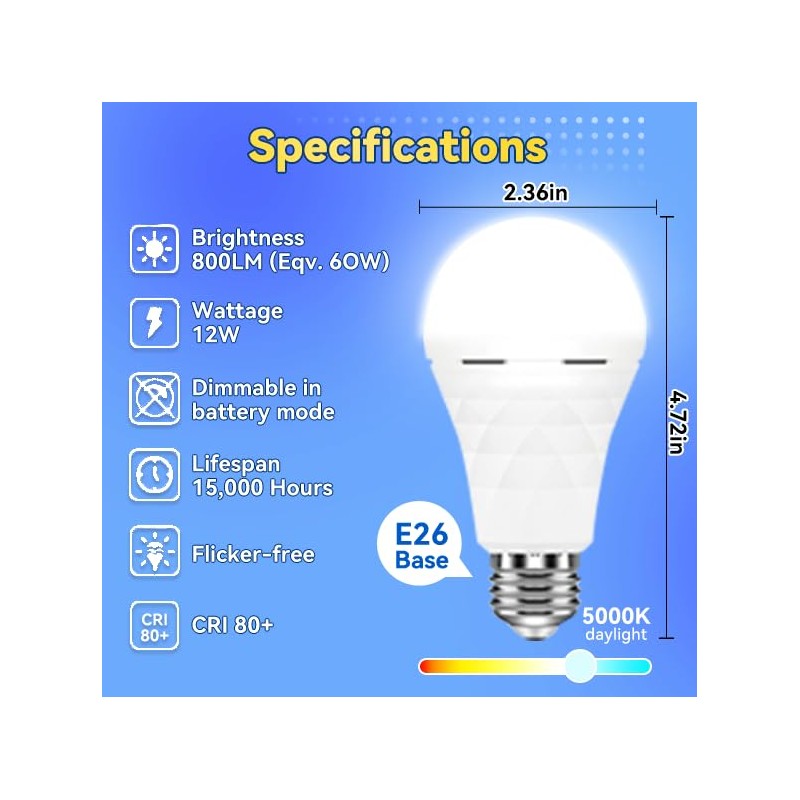 Neporal LITE PRO Rechargeable Light Bulbs, 2600mAh Large Battery Backup