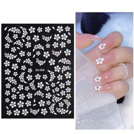 Vezocim Flower Nail Art Stickers Decals, White Flower Nail Self-Adhesive Sticker Designs, 3D Spring Floral Leaf Nail Transfer Decal Acrylic Supplies for Women Girls Manicure Summer Charm Decorations
