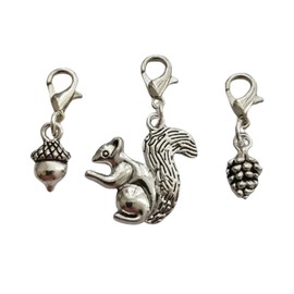 WYGUYO 3pcs Squirrel and Pine Cones Charms, Squirrel Clip on Charm for Jewelry Making and Crafting, Punk Zipper Pull Accessories Antique Silver Color