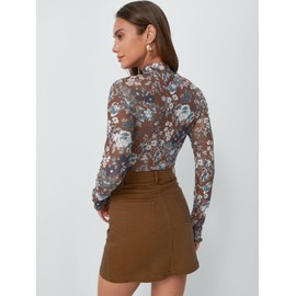 iGENJUN Lace Long Sleeve Shirts Floral Mesh Mock Neck Going Out Tops for Women Business Casual Fashion Fall Outfits 2025, Floral Coffee,M